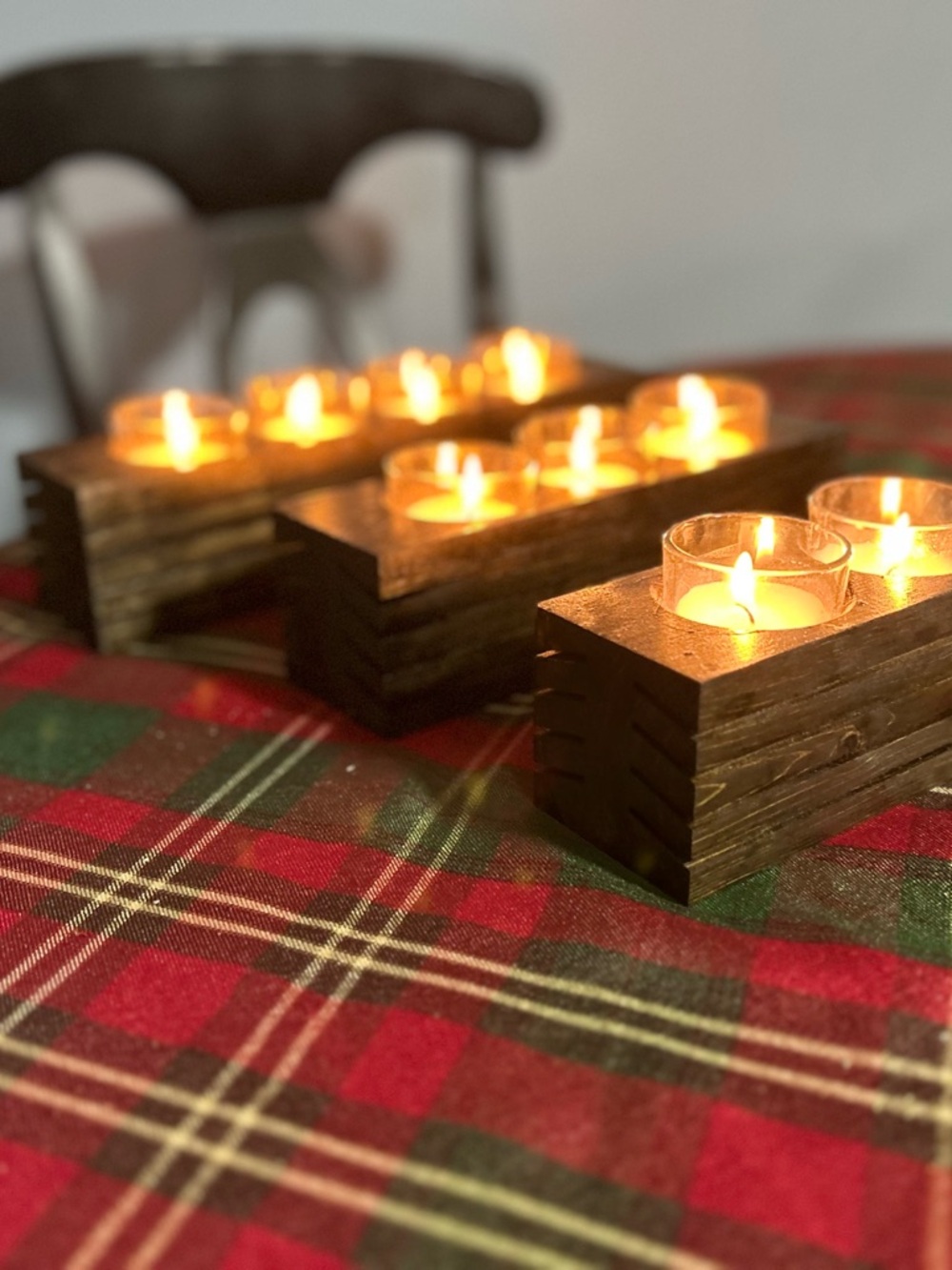 Hand Crafted Rustic Wooden Tealight Candle Holder Set - Brown